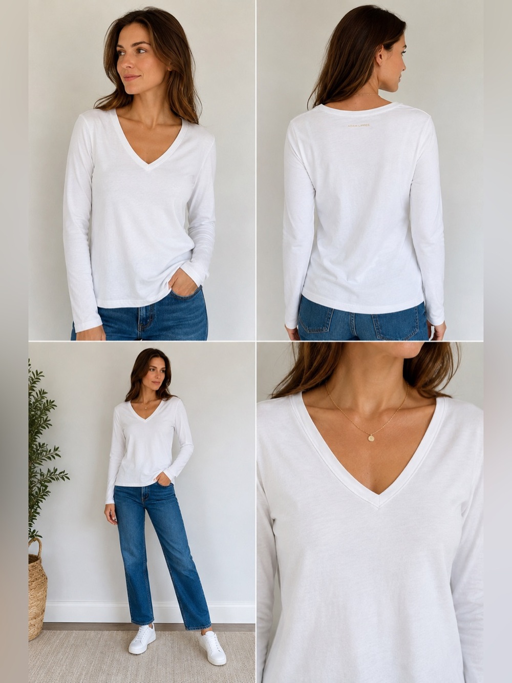 Adam Lippes White Pima Cotton V-Neck Long Sleeve Top Size L